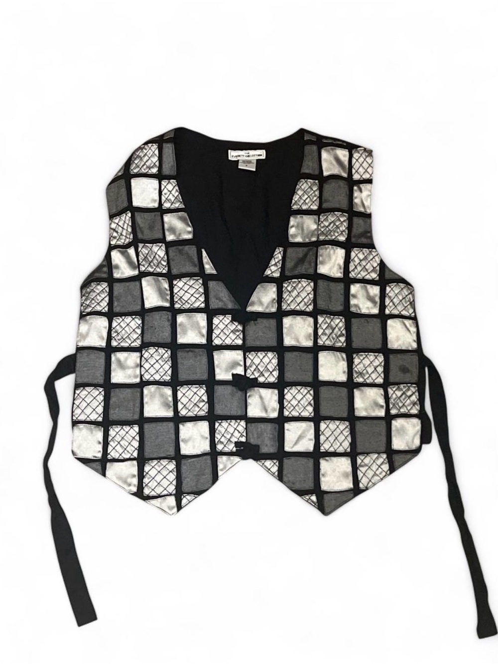 Black & Silver Checked Satin Vest - Women's Vintage Dressy Top Retro Workwear S